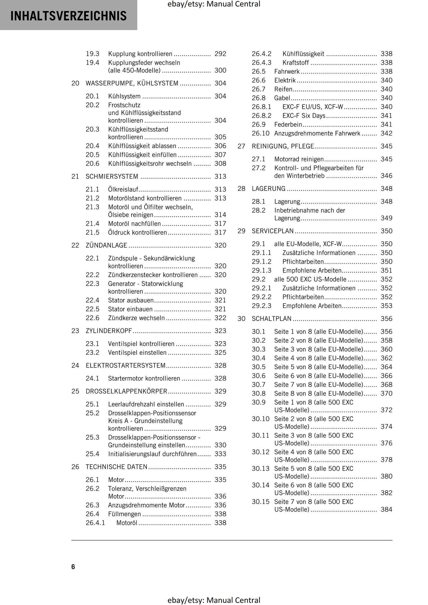 German Language - KTM 2020 - 450 500 Exc-f Six Days Xcf-w - Reparaturanleitung - Service Workshop Repair Manual