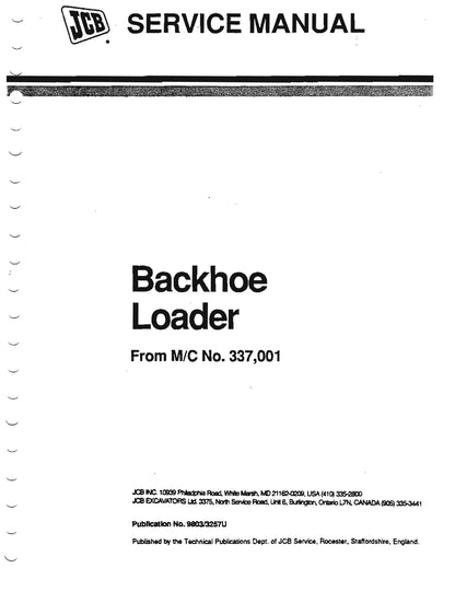 JCB Backhoe excavator Loader 200 series - from Machine number 337001  Service Workshop Repair Manual