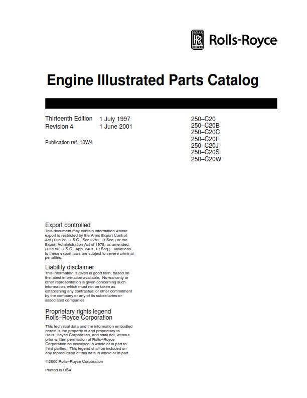 Rolls Royce - 250-c20 Engine Illustrated Parts Manual - 13th Edition 4th Revision