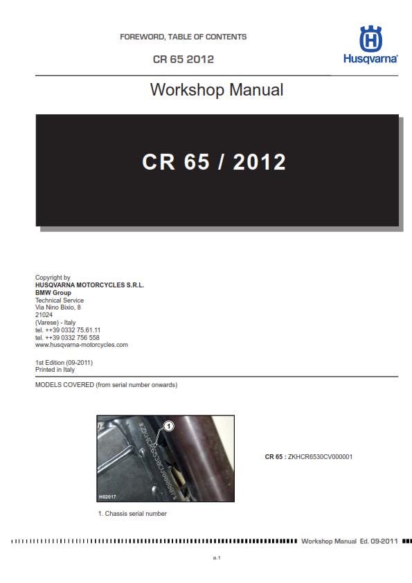 Husqvarna 2012 - CR 65 - Service Workshop Repair Manual