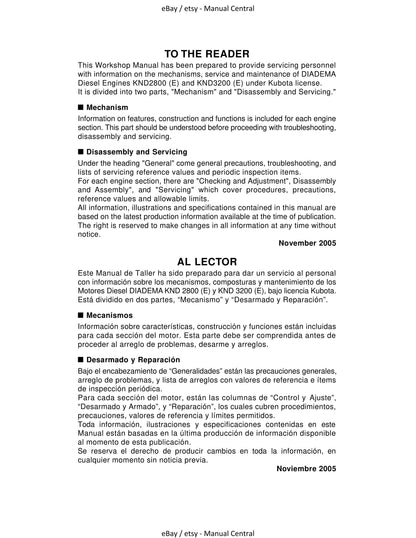 Kubota Diesel Engine / Motor Diesel - KND2800 KND3200 - Workshop Service Repair Manual - Manual De Taller
