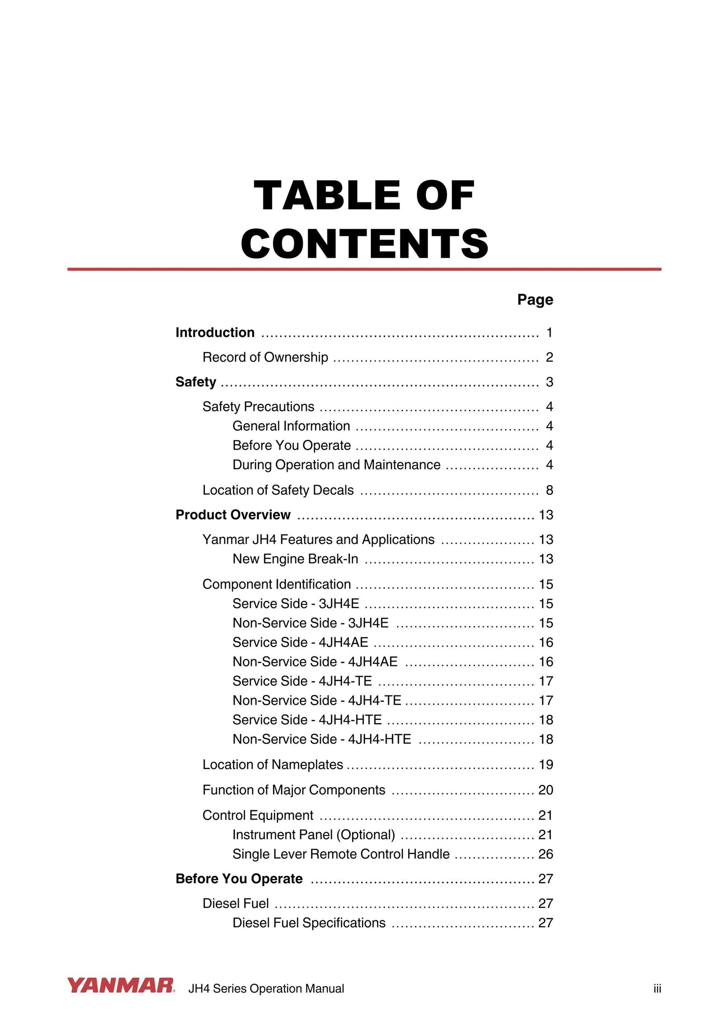 Yanmar Marine Engine -  JH4 Series - 3jh4e 4jh4ae 4jh4-te 4jh4-hte - Operation Manual