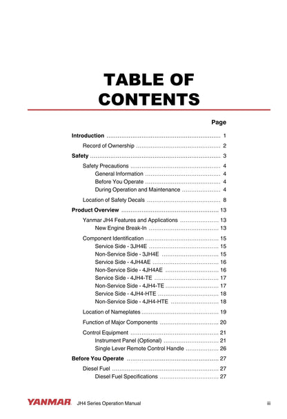 Yanmar Marine Engine -  JH4 Series - 3jh4e 4jh4ae 4jh4-te 4jh4-hte - Operation Manual