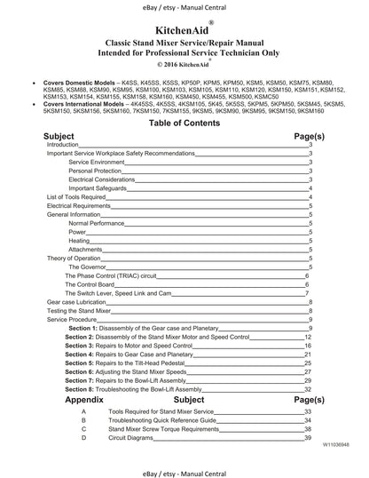 KitchenAid Kitchen Aid - Service Workshop Service Manual - Classic Stand Mixer