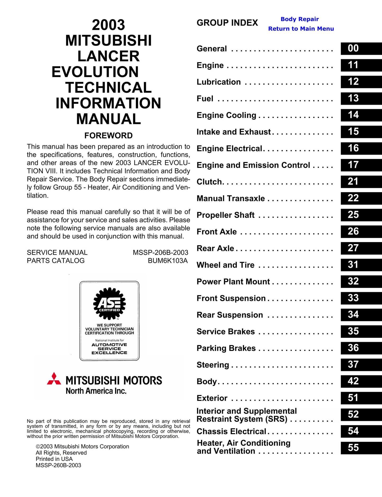 Mitsubishi Lancer Evolution Evo VIII 8 - Technical Information Manual