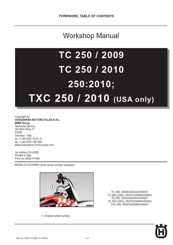 Husqvarna 2009 2010 - TC TE TXC 250 - Service Workshop Repair Manual