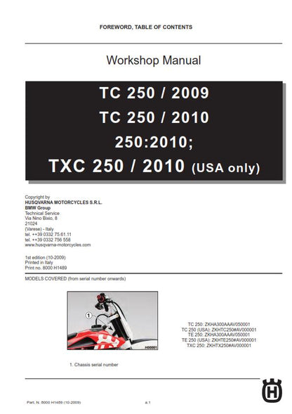 Husqvarna 2009 2010 - TC TE TXC 250 - Service Workshop Repair Manual