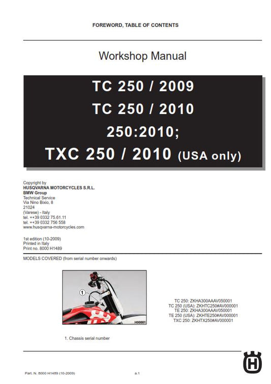 Husqvarna 2009 2010 - TC TE TXC 250 - Service Workshop Repair Manual