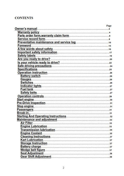 Joyner Off Road Vehicle - JNSZ2000SR JNSZ2000SRB Owners Parts Manual