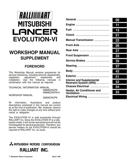 Mitsubishi Lancer Evolution Evo VI 6 - Supplement Workshop Service Repair Manual