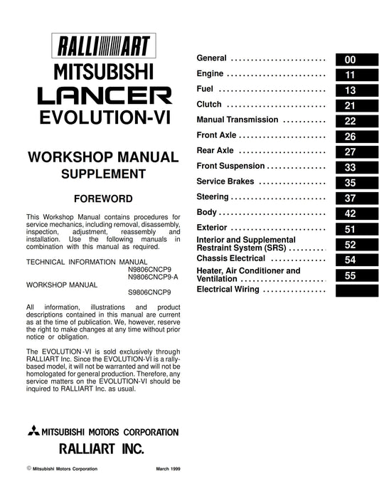 Mitsubishi Lancer Evolution Evo VI 6 - Supplement Workshop Service Repair Manual