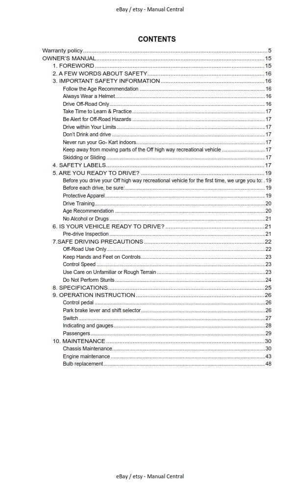 Joyner Off Road Vehicle - JNSZ1100SVB Owners Parts Service Workshop Repair Manual