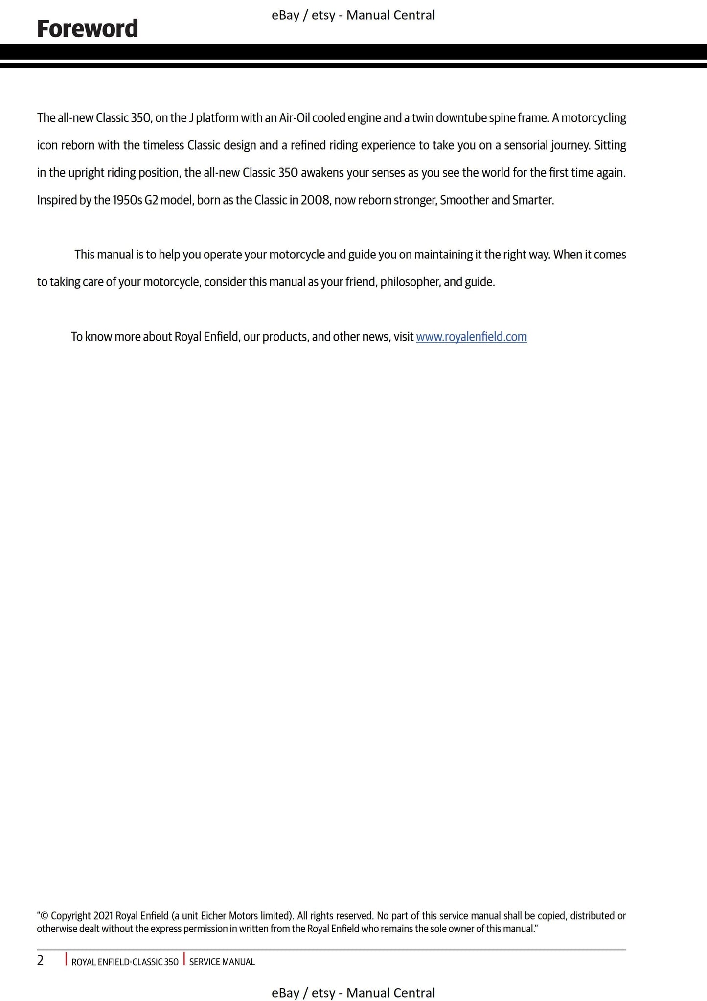 Royal Enfield - Classic 350 J Platform - Euro V -  Service Workshop Repair Manual 2021 Edition