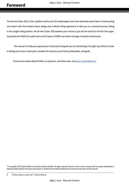 Royal Enfield - Classic 350 J Platform - Euro V -  Service Workshop Repair Manual 2021 Edition