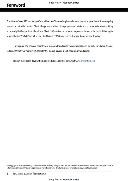 Royal Enfield - Classic 350 J Platform - Euro V -  Service Workshop Repair Manual 2021 Edition