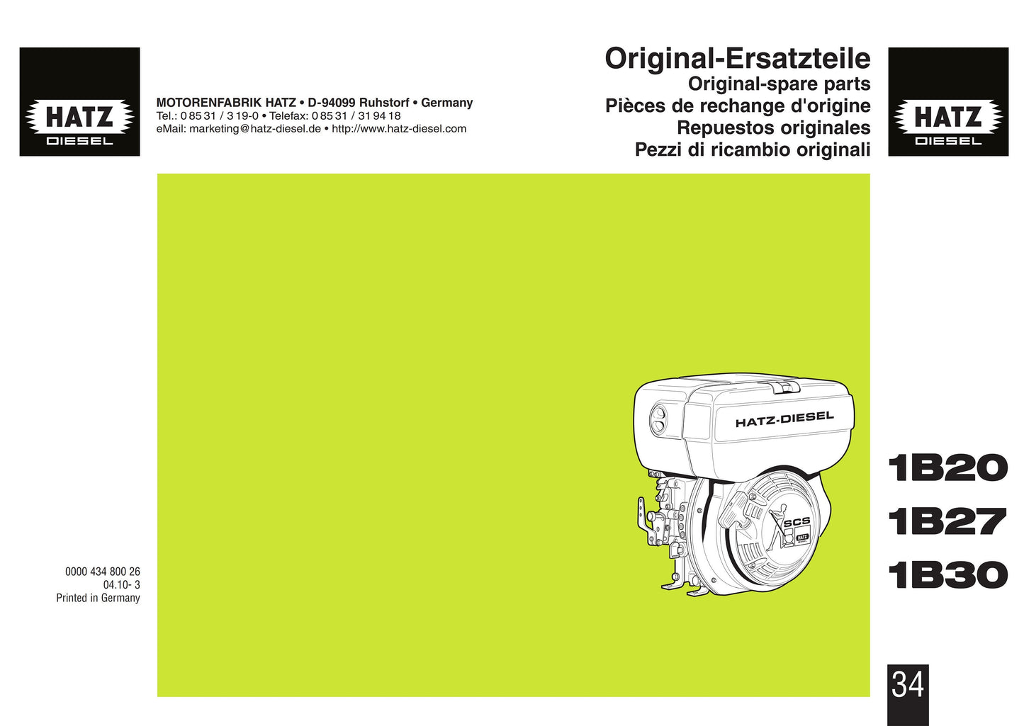 Hatz - 1B20 1B27 1B30 - Parts Manual, Original-Ersatzteile, Pièces de rechange d'origine, Repuestos originales, Pezzi di ricambio originali