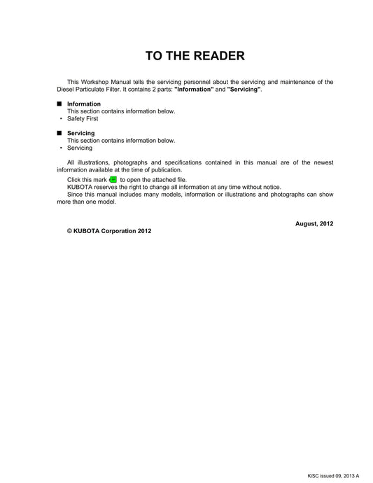 Kubota Diesel Engine - DPF - Diesel Particulate Filter Handling Manual - Workshop Manual