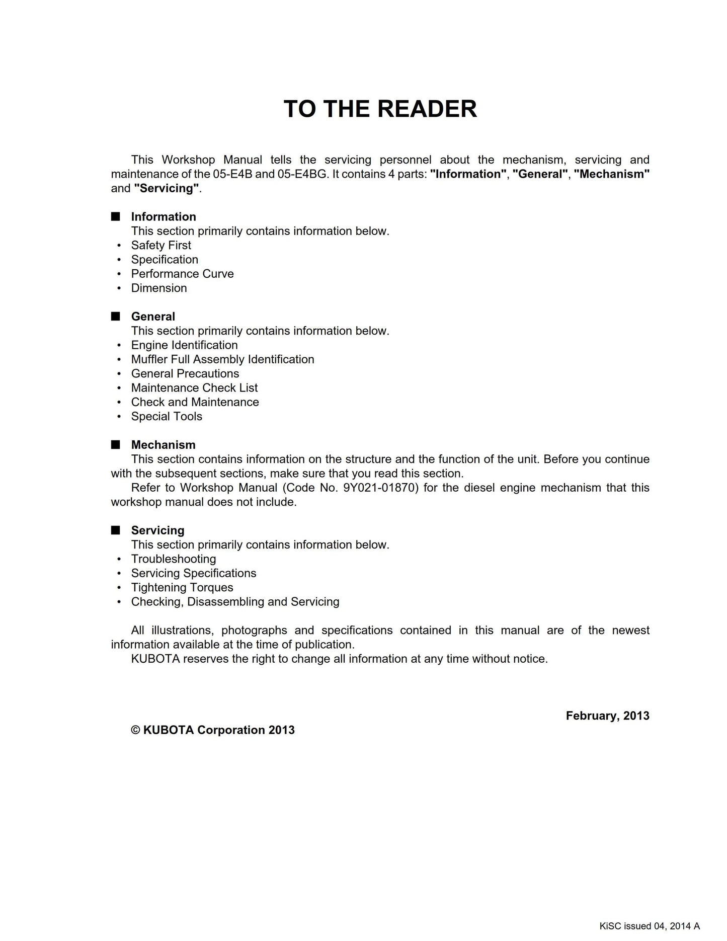 Kubota Diesel Engine - 05-e4b 05e4bg Series - Workshop Service Repair Manual