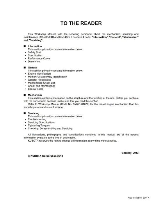 Kubota Diesel Engine - 05-e4b 05e4bg Series - Workshop Service Repair Manual