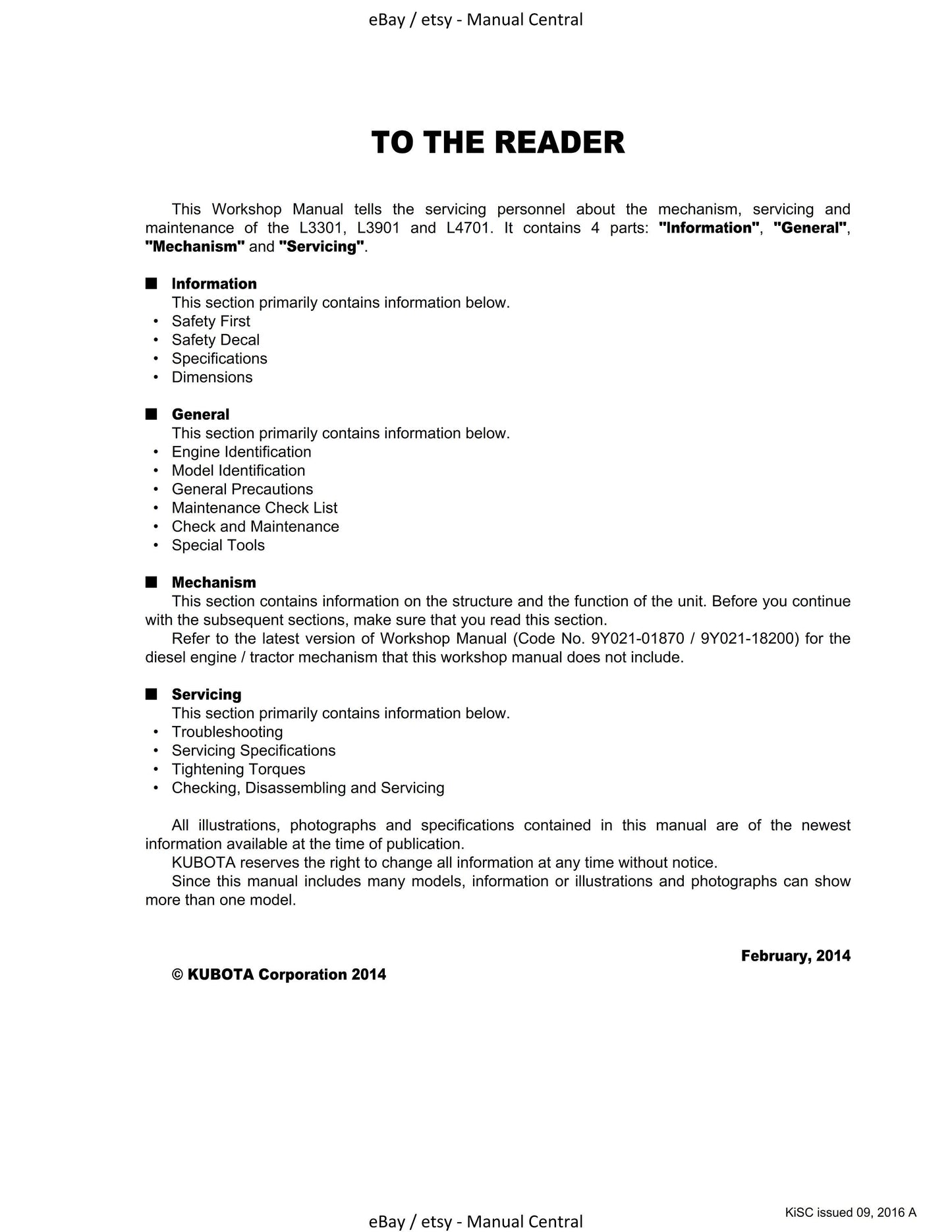 Kubota Tractor - L3301 L3901 L4701 - Workshop Service Repair Manual - 2016 Edition
