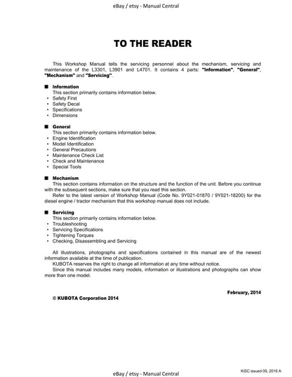 Kubota Tractor - L3301 L3901 L4701 - Workshop Service Repair Manual - 2016 Edition