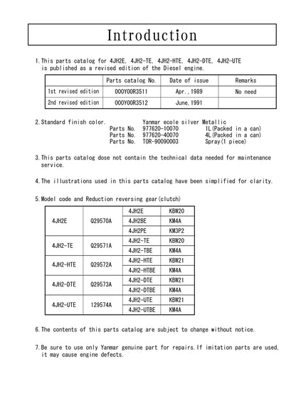 Yanmar Diesel Engine -  4jh2e 4jh2-te 4jh2-hte 4jh2-dte 4jh2-ute - Parts Manual