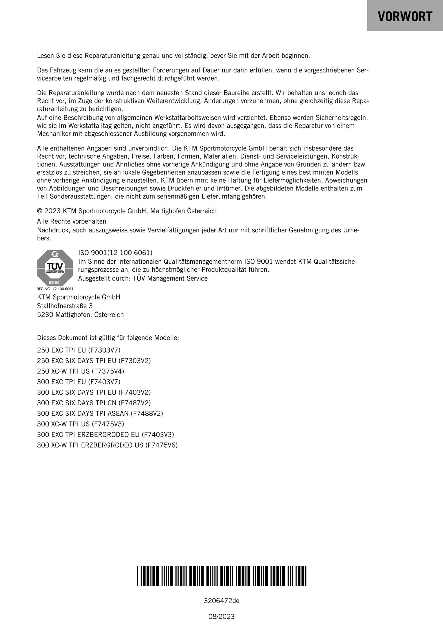 German Language - KTM 2022 - 250 300 Exc Six Days Xc-w Tpi Erzbergrodeo - Reparaturanleitung