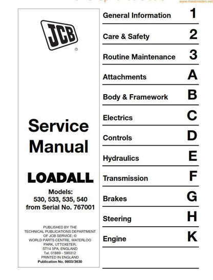 JCB Loadall 1993 to 2004 - 530 533 535 540 530fs 540fs Plus Super - Service Workshop Repair Manual - From Serial 767001 - 1983 to 2004