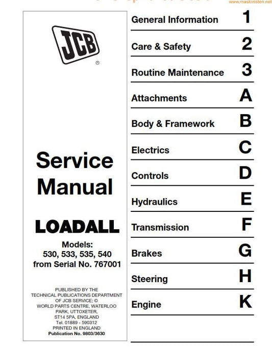 JCB Loadall 1993 to 2004 - 530 533 535 540 530fs 540fs Plus Super - Service Workshop Repair Manual - From Serial 767001 - 1983 to 2004