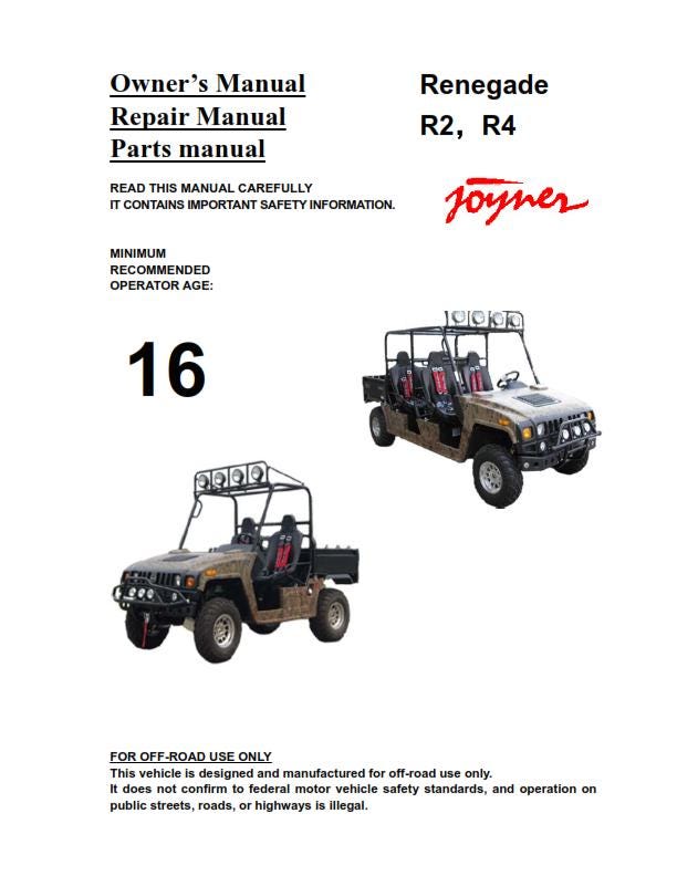 Joyner Renegade R2 R4 JNSZ800UV Owners Parts Service Workshop Repair Manual