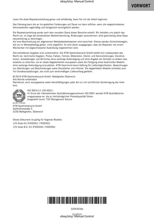 German Language - KTM 2019 - 125 Duke - Reparaturanleitung - Service Workshop Repair Manual