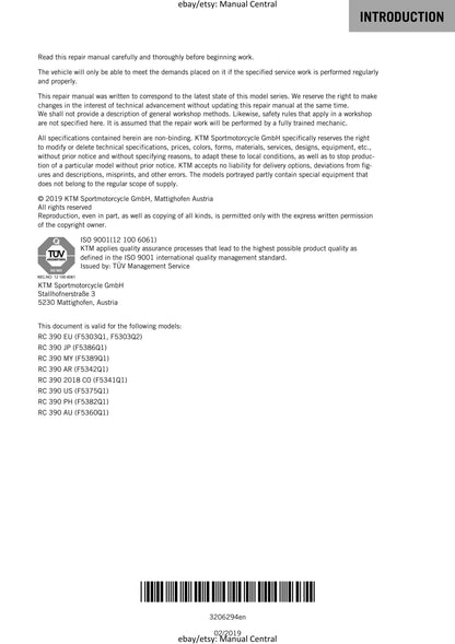 KTM 2017 - RC 390 - Service Workshop Repair Manual