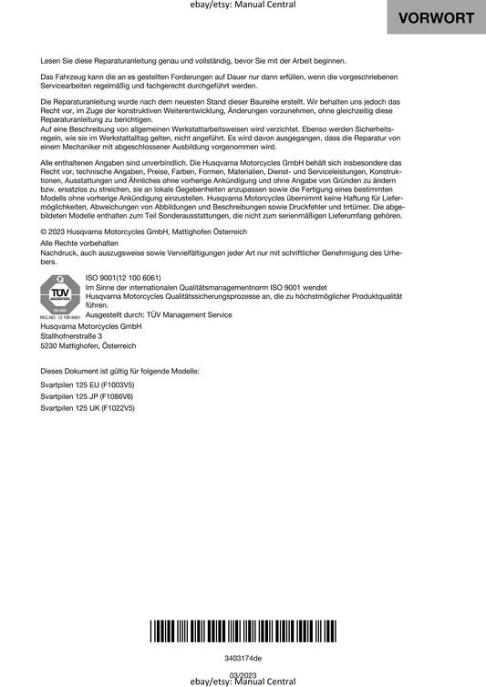 German Language - Husqvarna 2022 - Svartpilen 125- Reparaturanleitung