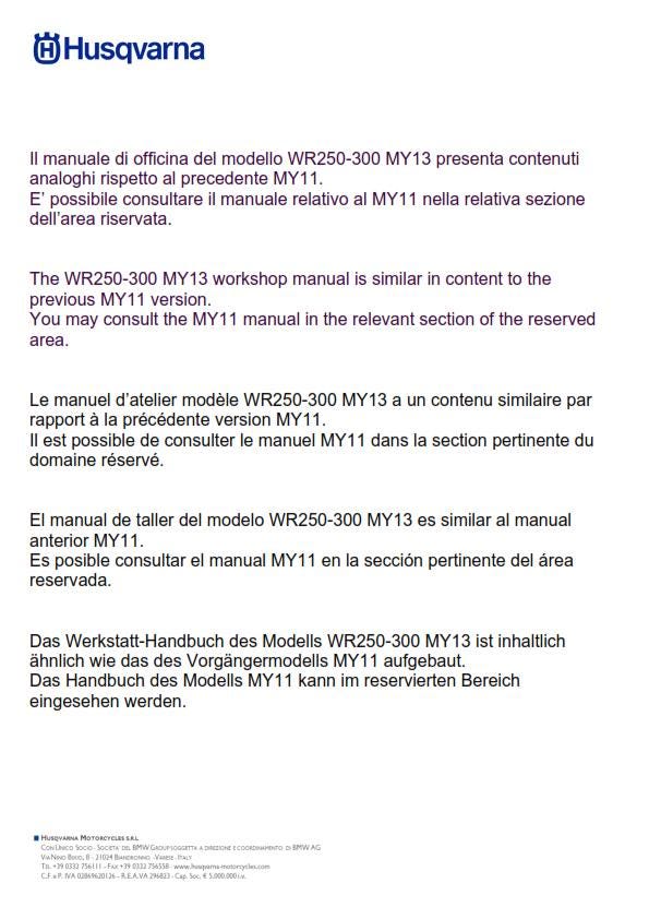 Husqvarna 2011 2012 2013 - WR 250 300 - Service Workshop Repair Manual