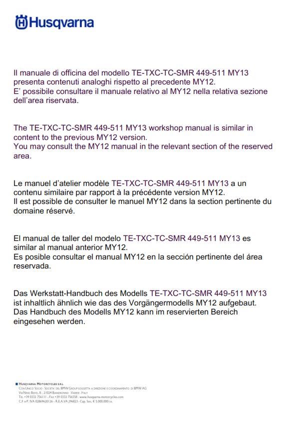 Husqvarna 2011 2012 2013 - Tc Te Txc Smr 449 511 Service Workshop Repair Manual