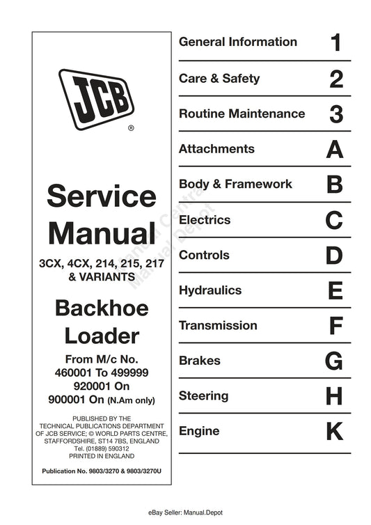JCB 3CX 4CX 214 215 217 & Variants - Backhoe Loader -  Service Workshop Repair Manual - 1994 TO 2007