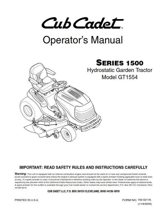 Cub Cadet - Operator Manual - Series 1500 - Hydrostatic Garden Tractor - Model GT1554