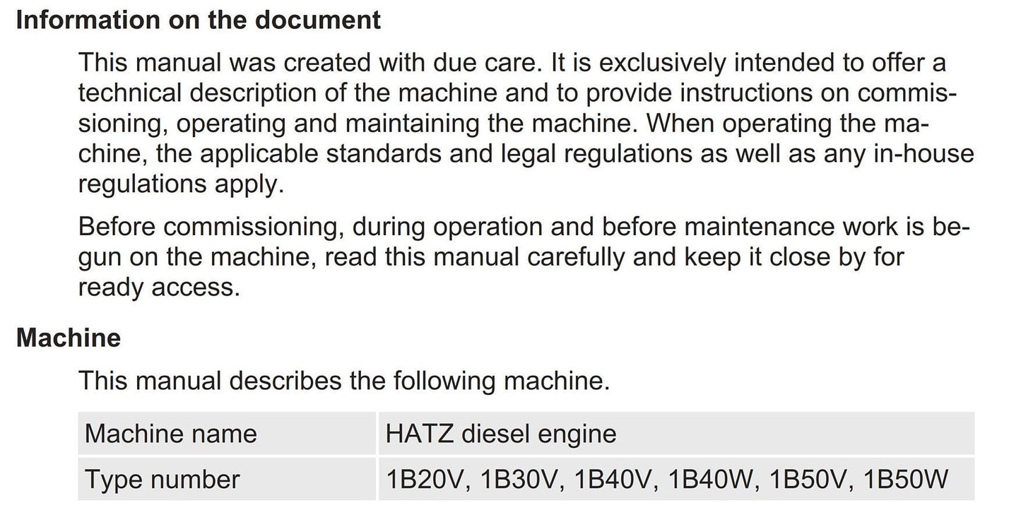 Hatz - 1B20V 1B30V 1B40V 1B40W 1B50V 1B50W - Technical Description, Commissioning Operating Maintaining Manual