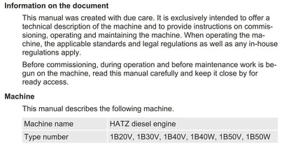 Hatz - 1B20V 1B30V 1B40V 1B40W 1B50V 1B50W - Technical Description, Commissioning Operating Maintaining Manual