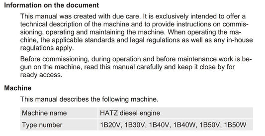 Hatz - 1B20V 1B30V 1B40V 1B40W 1B50V 1B50W - Technical Description, Commissioning Operating Maintaining Manual