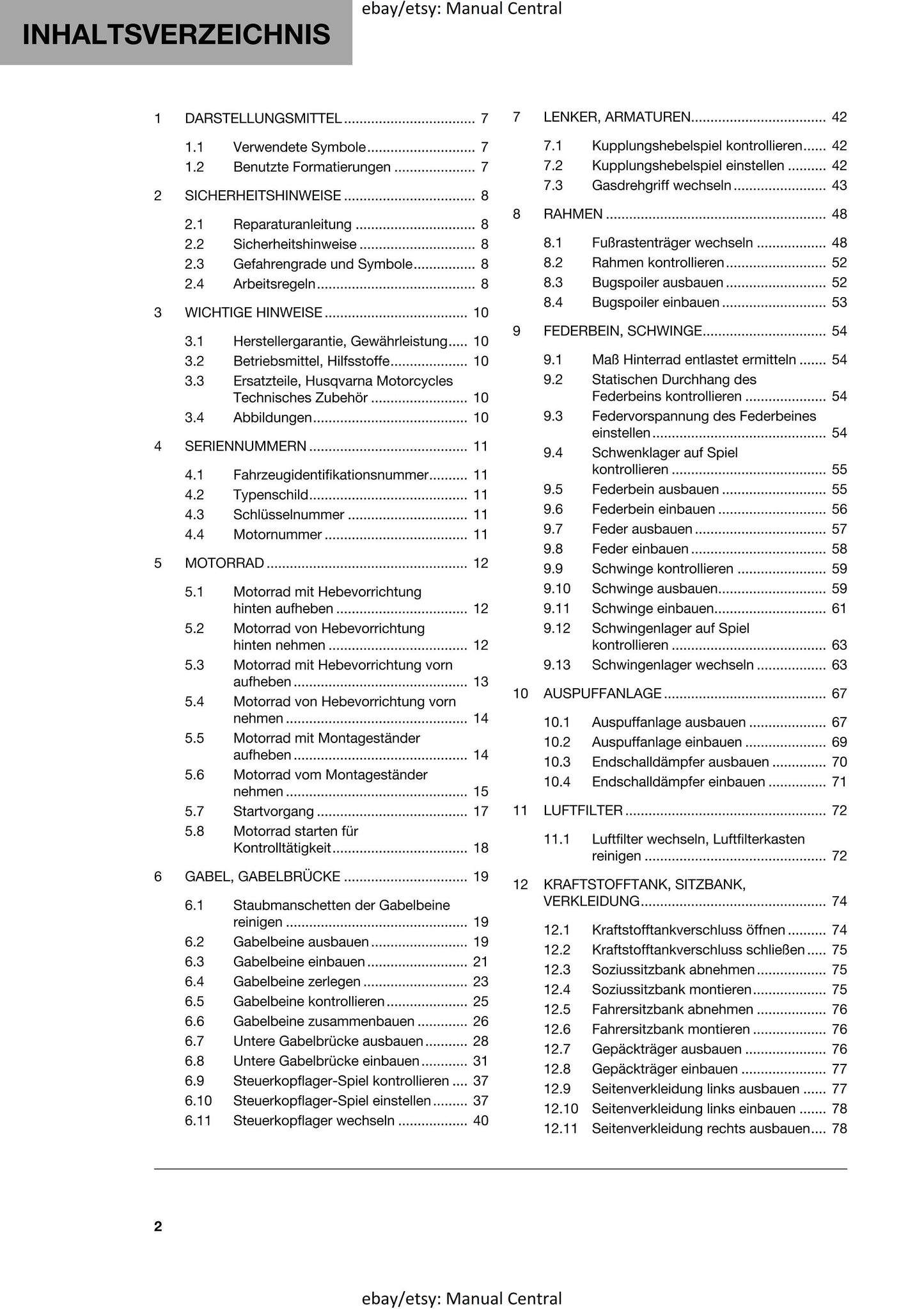 German Language - Husqvarna 2022 - Svartpilen 125- Reparaturanleitung