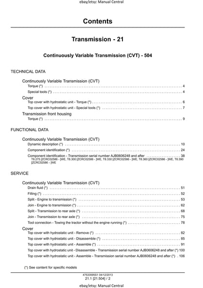 New Holland - T8.275 T8.300 T8.330 T8.360 T8.390 T8.420 CVT Tractor - Workshop Service Repair Manual