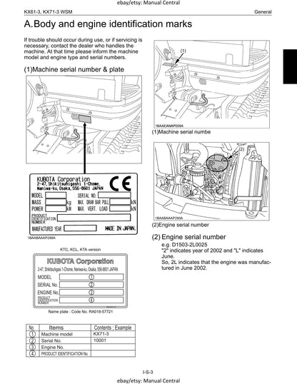 Kubota Excavator - KX61-3 KX71-3 - Service Chapter - Workshop Service Repair Manual