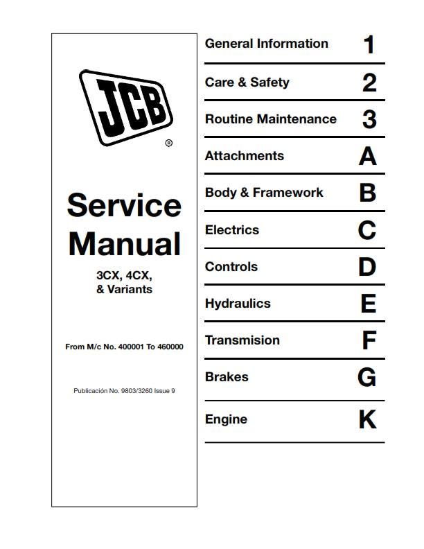 JCB 3CX 4CX & Variants - Service Workshop Repair Manual - 1994 TO 2007 - M/C NO 400001 to 460000