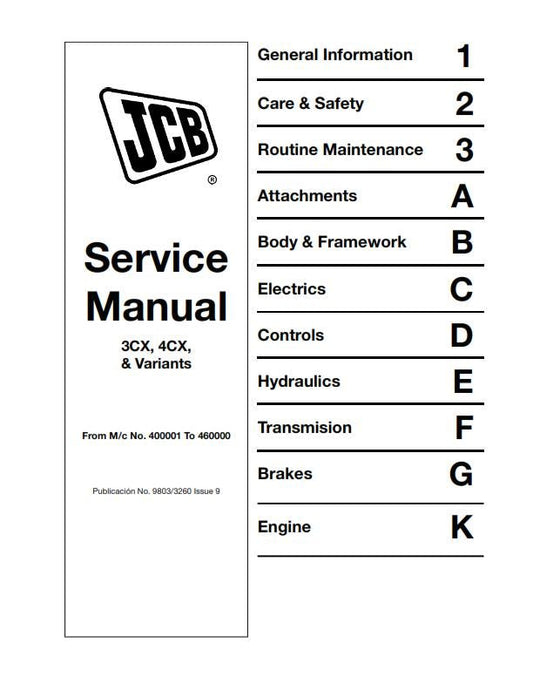 JCB 3CX 4CX & Variants - Service Workshop Repair Manual - 1994 TO 2007 - M/C NO 400001 to 460000