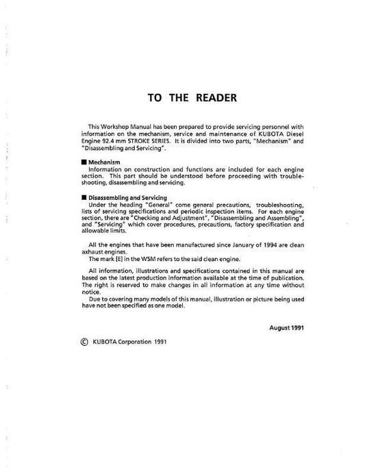 Kubota Diesel Engine - 92.4mm Stroke Series - Workshop Service Repair Manual
