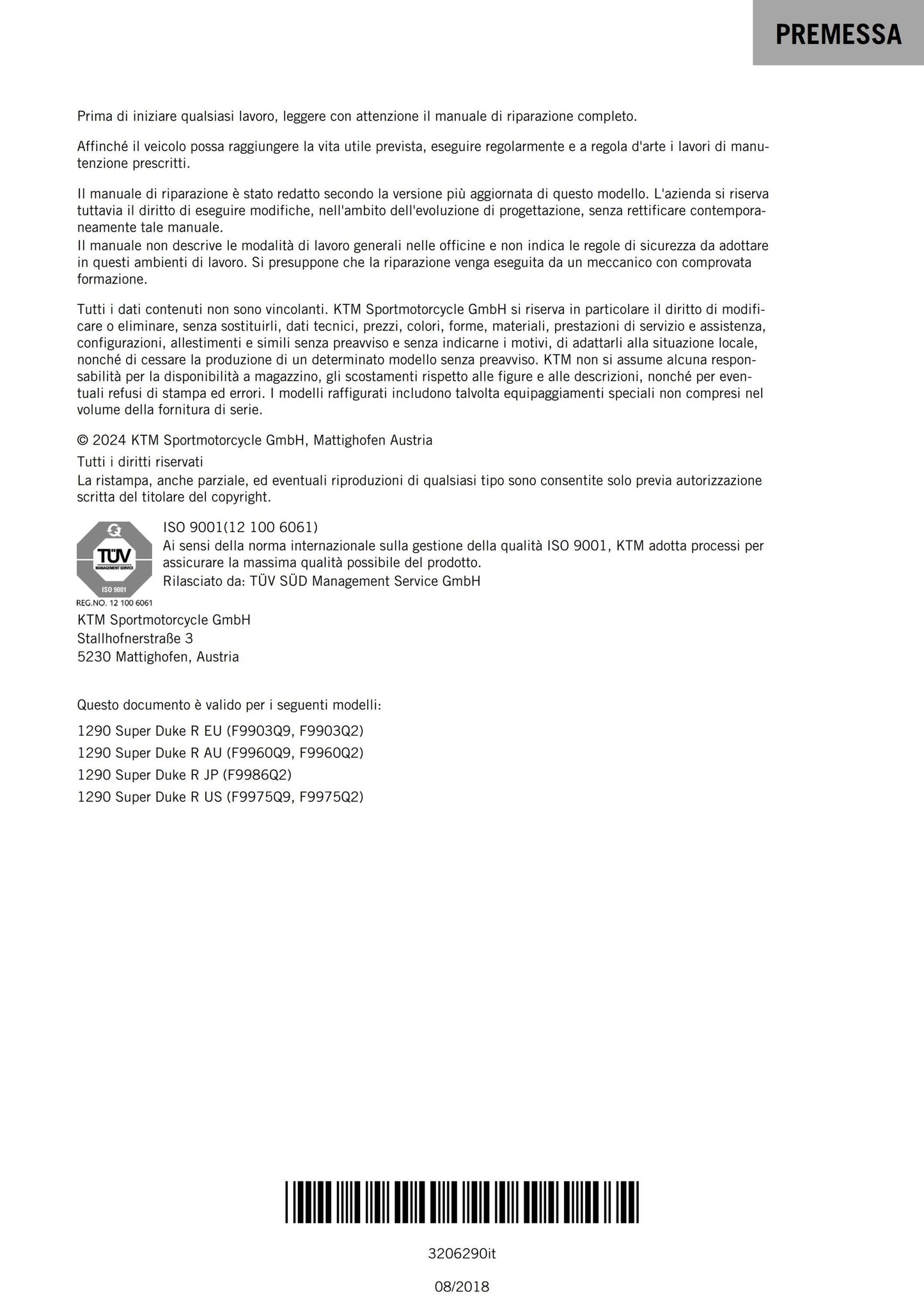 Italian Language - 2017 KTM - 1290 Super Duke R - Manuale Di Riparazione