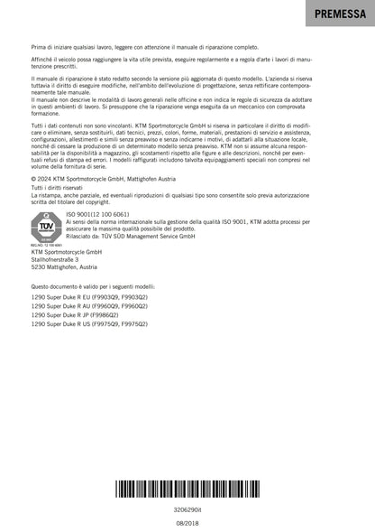 Italian Language - 2017 KTM - 1290 Super Duke R - Manuale Di Riparazione