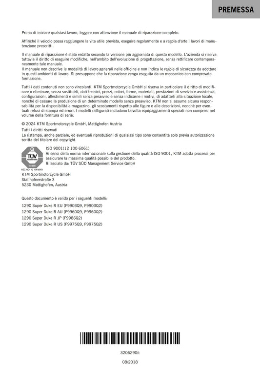 Italian Language - 2017 KTM - 1290 Super Duke R - Manuale Di Riparazione