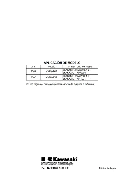 Kawasaki Spanish Language - KX250F 2006 2007 - Motocicleta Manual de taller